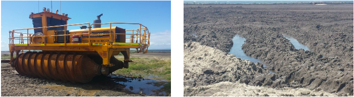 soft soils for accelerating evaporation (left) and surface of soft soil treated with the amphirol on a site at the Port of Brisbane (right)