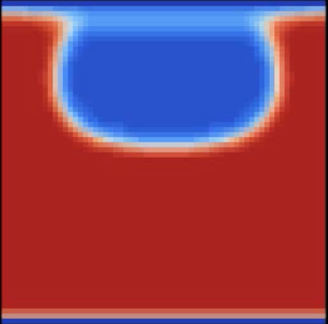 MechSys/LBM simulation of multi-component flow – a bubble (shown in blue) expands, moves to the surface, then breaks the surface, while the liquid (shown in red) settles