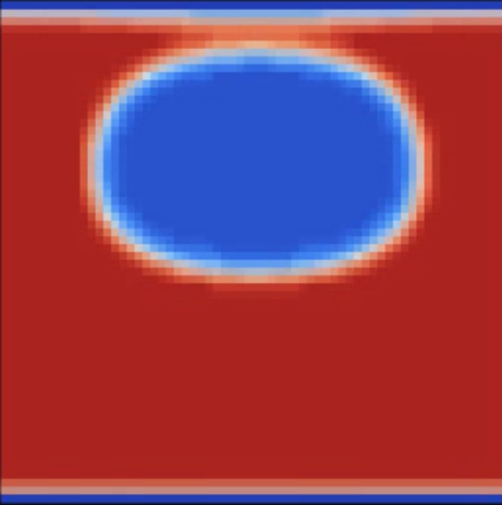 MechSys/LBM simulation of multi-component flow – a bubble (shown in blue) expands, moves to the surface, then breaks the surface, while the liquid (shown in red) settles