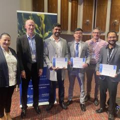 Prof Irene Penesis (Research Director of Blue Economy CRC), Greg Johannes (Chairman of BE CRC Board), Akshay Harikumar, Yuen Zhen Cai, Dr Michael Heitzmann, Avik Nandy